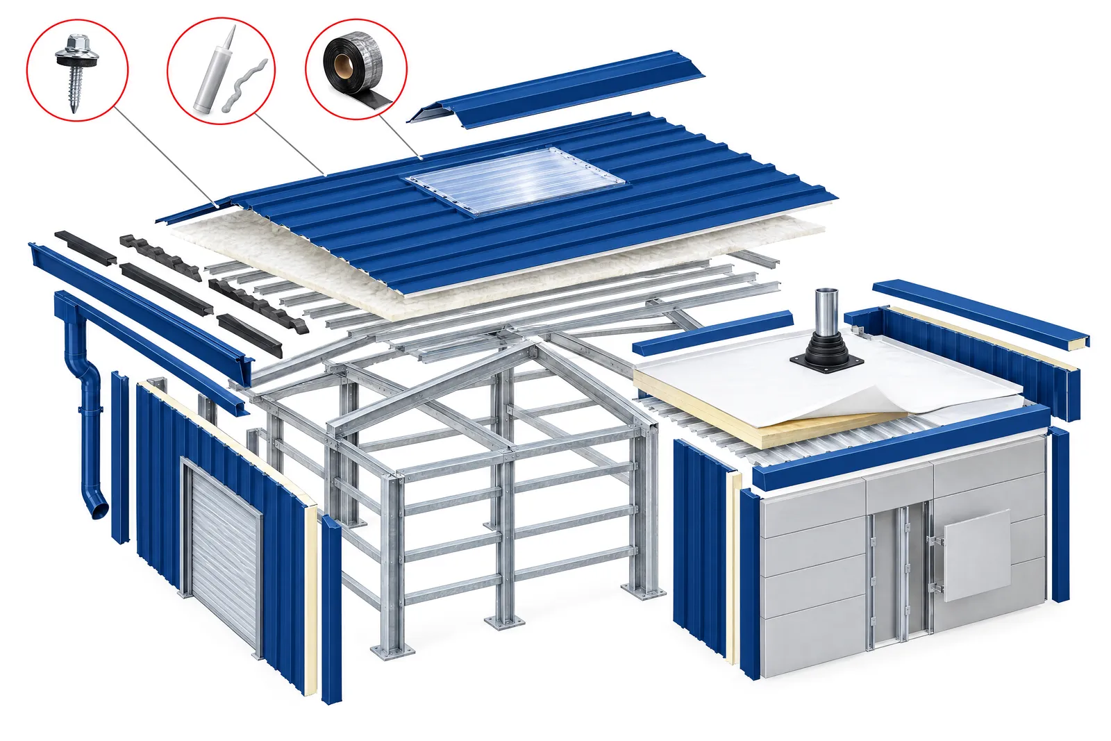 Exploded illustration of a commercial metal building and a low-slope annex, with its roof, wall, frame, flashing and drainage parts pulled apart; each part is listed beside it.