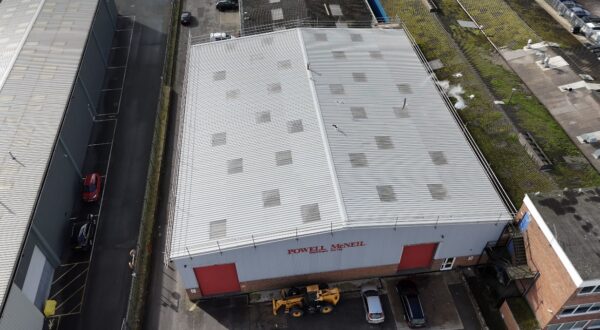 Aerial view of an industrial unit after a metal roof-over