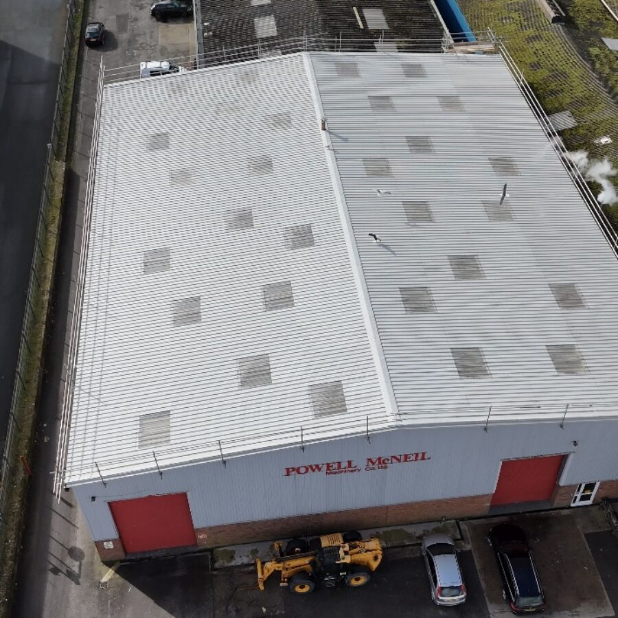 Aerial view of an industrial unit after a metal roof-over