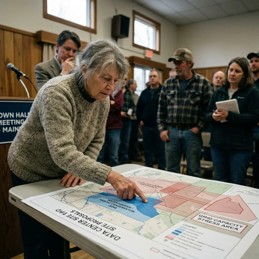 A woman points to a zoning and grid capacity map during a town hall meeting, with residents gathered around discussing proposed data centre locations.
