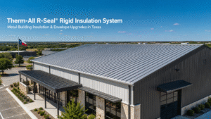 Total Cladding and Roofing LLC provides commercial roof insulation, metal building roof upgrades, cladding and building envelope services across Texas. This page explains Therm-All R-Seal® rigid insulation system options for metal building roofs and walls, including retrofit applications, roof overlays and R-value improvements.