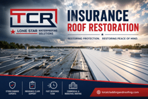 Commercial insurance roof restoration across Texas. Storm damage repairs, hail damage restoration, roof inspections, insurance reports and commercial roofing specialists for warehouses, factories and industrial buildings.