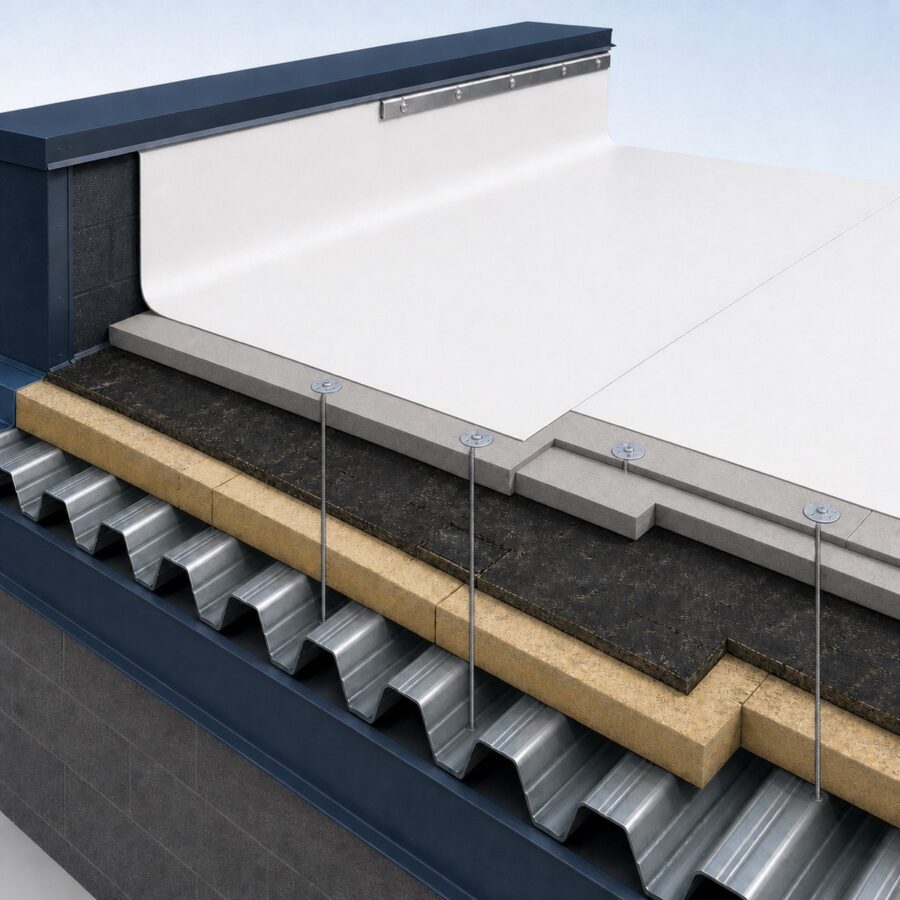 Cutaway technical illustration showing a cover board and thin TPO membrane installed over an eligible retained flat roof assembly
