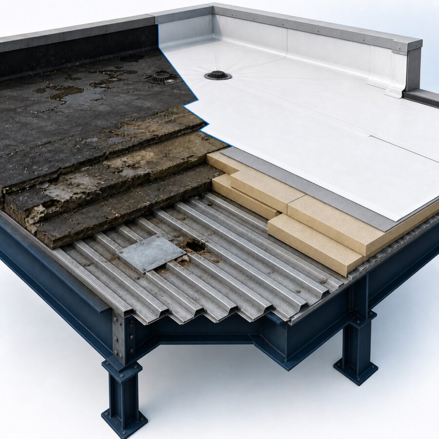 Cutaway technical illustration showing flat roof tear-off to steel deck and construction of a complete new TPO assembly