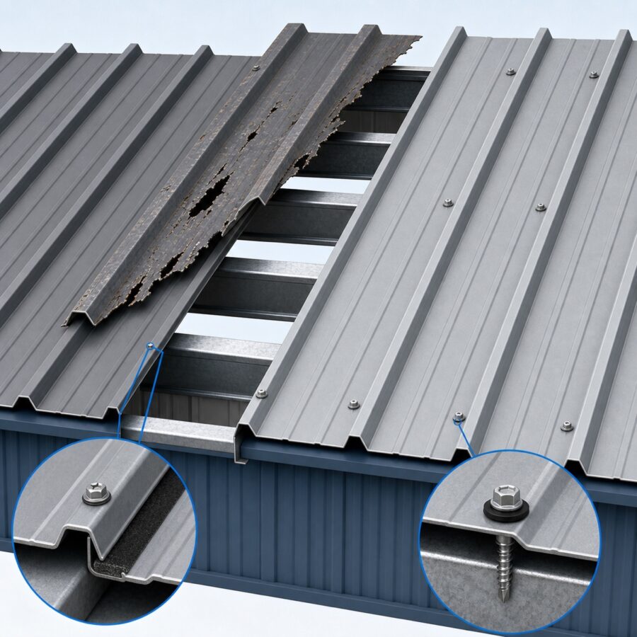 Technical illustration showing a damaged exposed-fastener R-panel roof bay being replaced over steel purlins