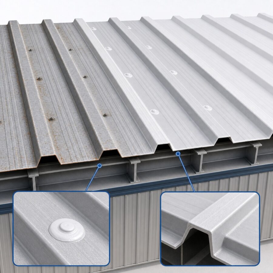 Technical illustration showing R-panel roof preparation, encapsulated fasteners and a continuous silicone restoration finish