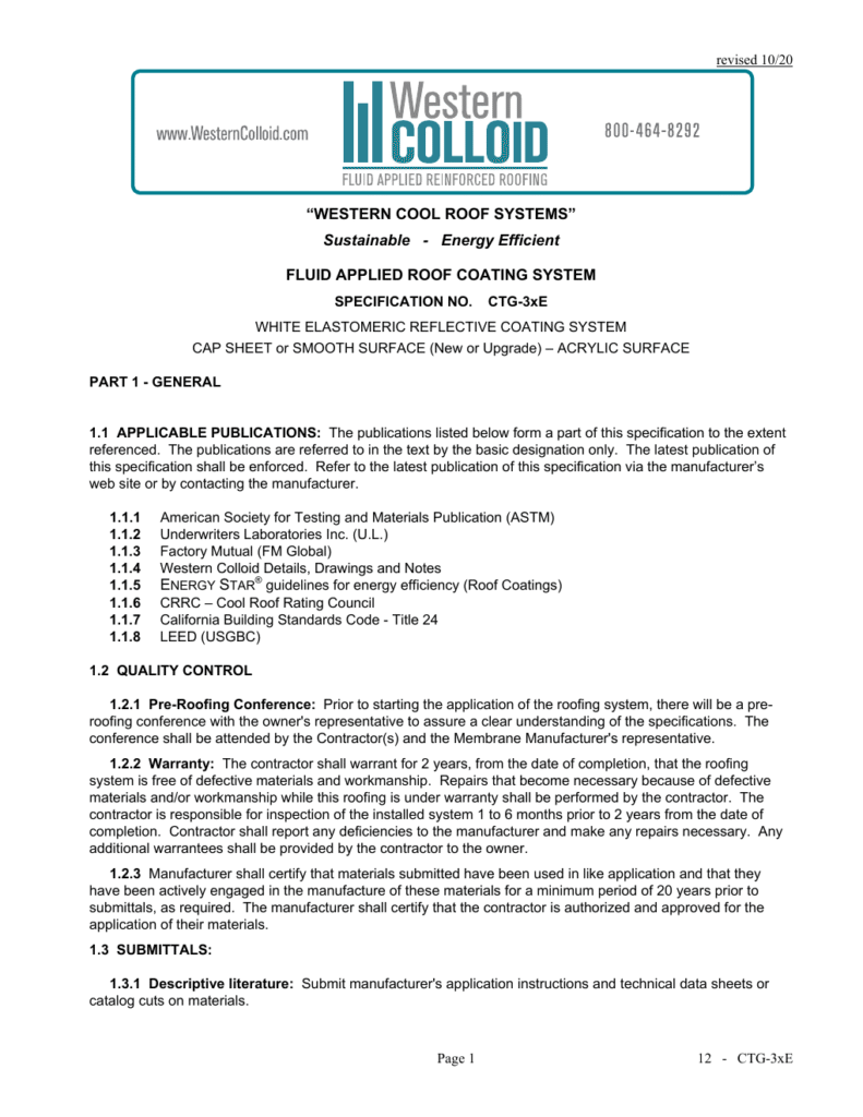First page of Western Colloid CTG-3xE system specification