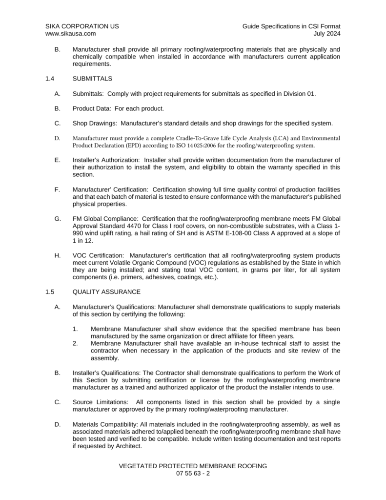 First page of Sikalastic 641 Lo-VOC Vegetated Protected Membrane Roofing Specification