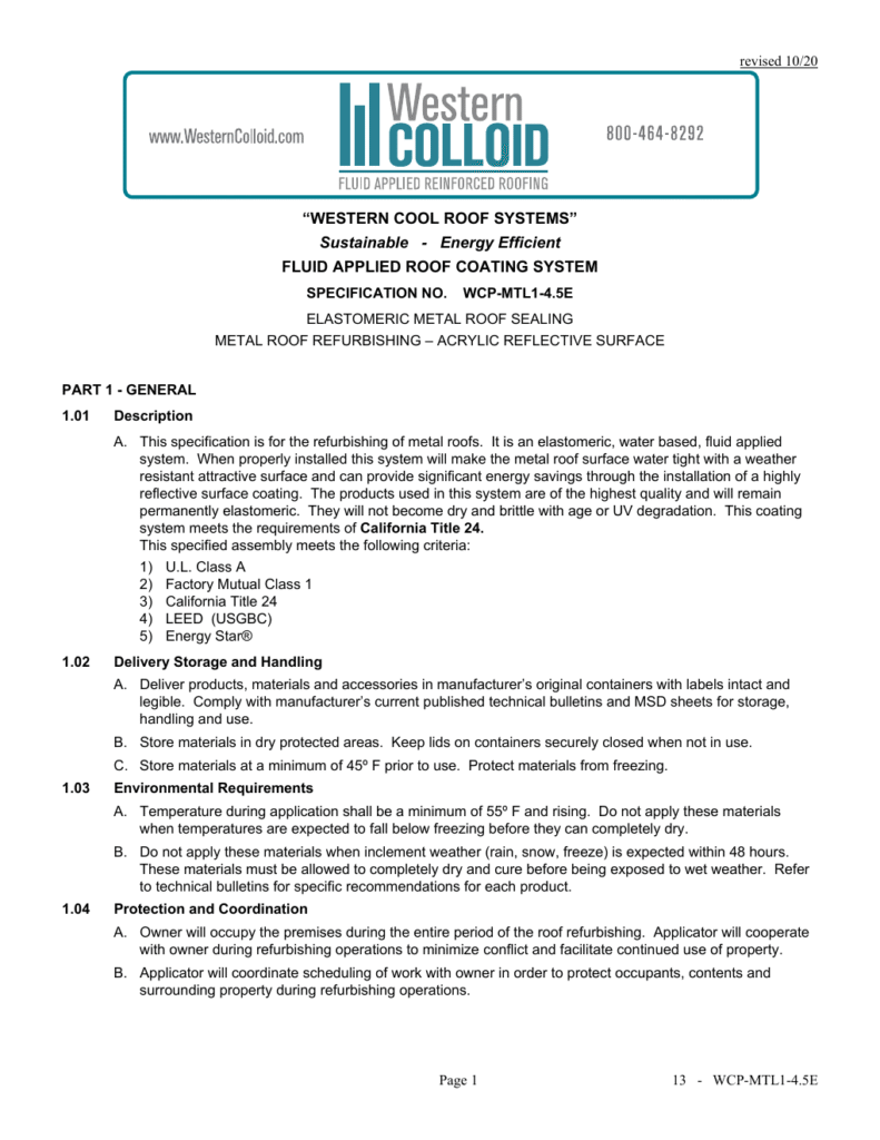 First page of Western Colloid WCP-MTL1-4.5E system specification