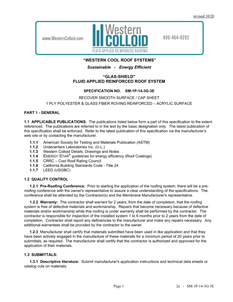First page of Western Colloid SM-1P-14-3G-3E system specification