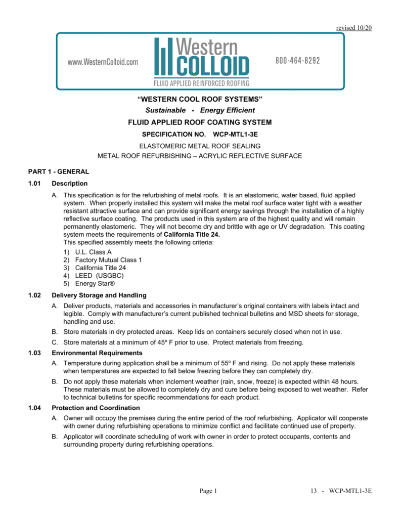 First page of Western Colloid WCP-MTL1-3E system specification