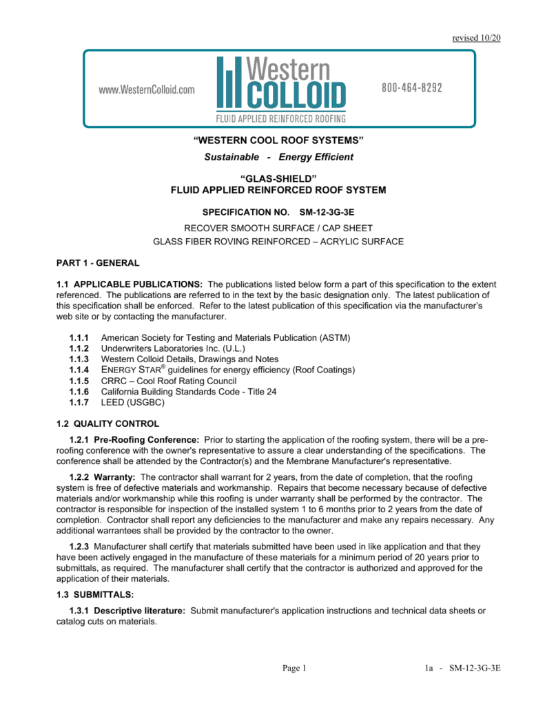 First page of Western Colloid SM-12-3G-3E system specification