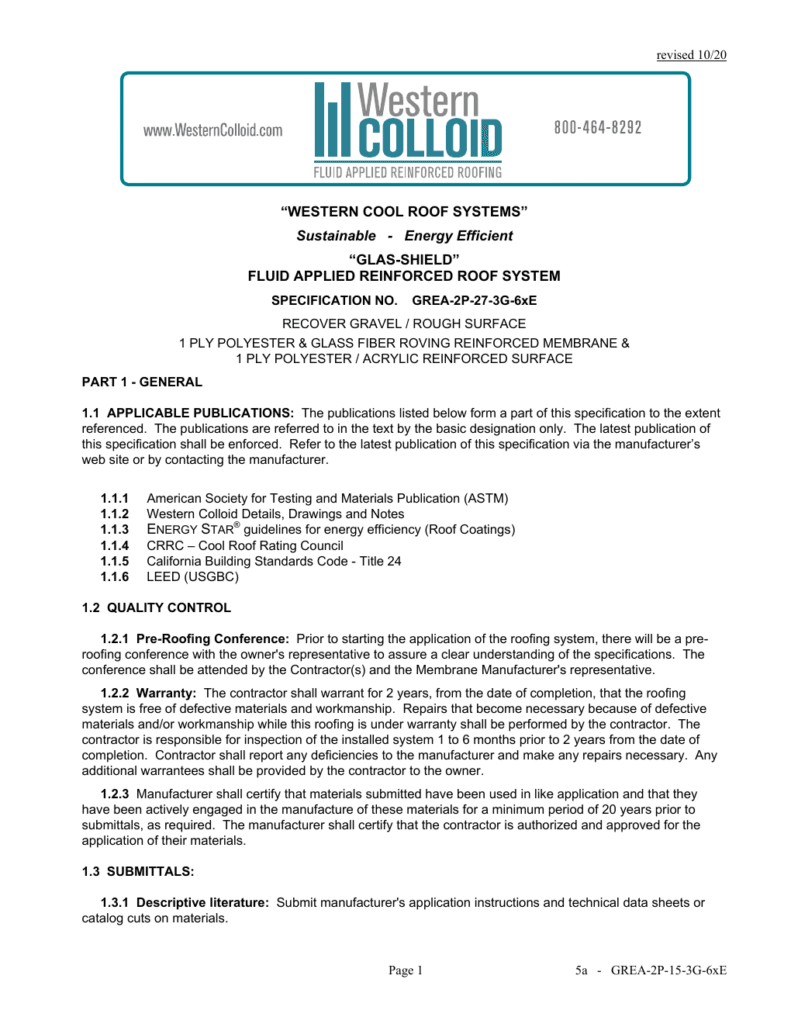 First page of Western Colloid GREA-2P-27-3G-6xE system specification
