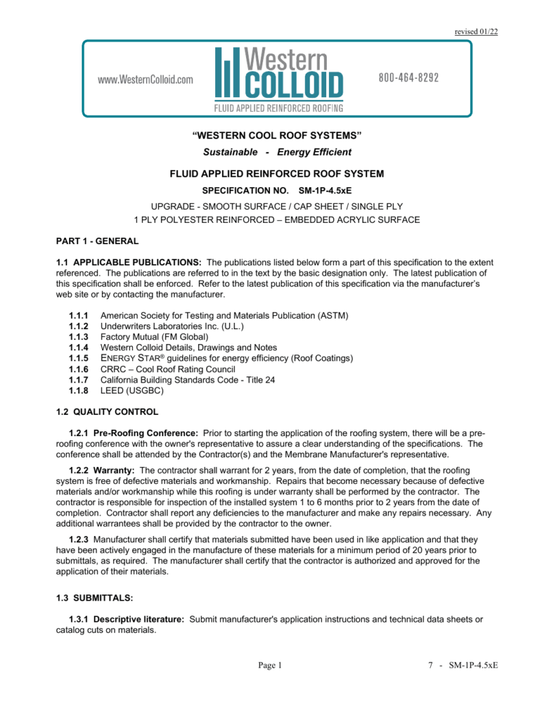 First page of Western Colloid SM-1P-4.5xE system specification