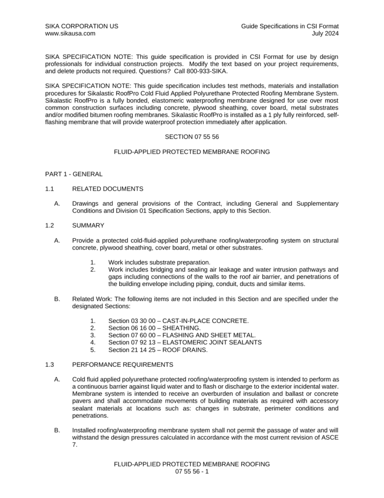 First page of Sikalastic-644 Lo-VOC Fluid-Applied Protected Membrane Roofing Specification