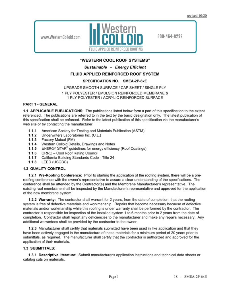 First page of Western Colloid SMEA-2P-6xE system specification