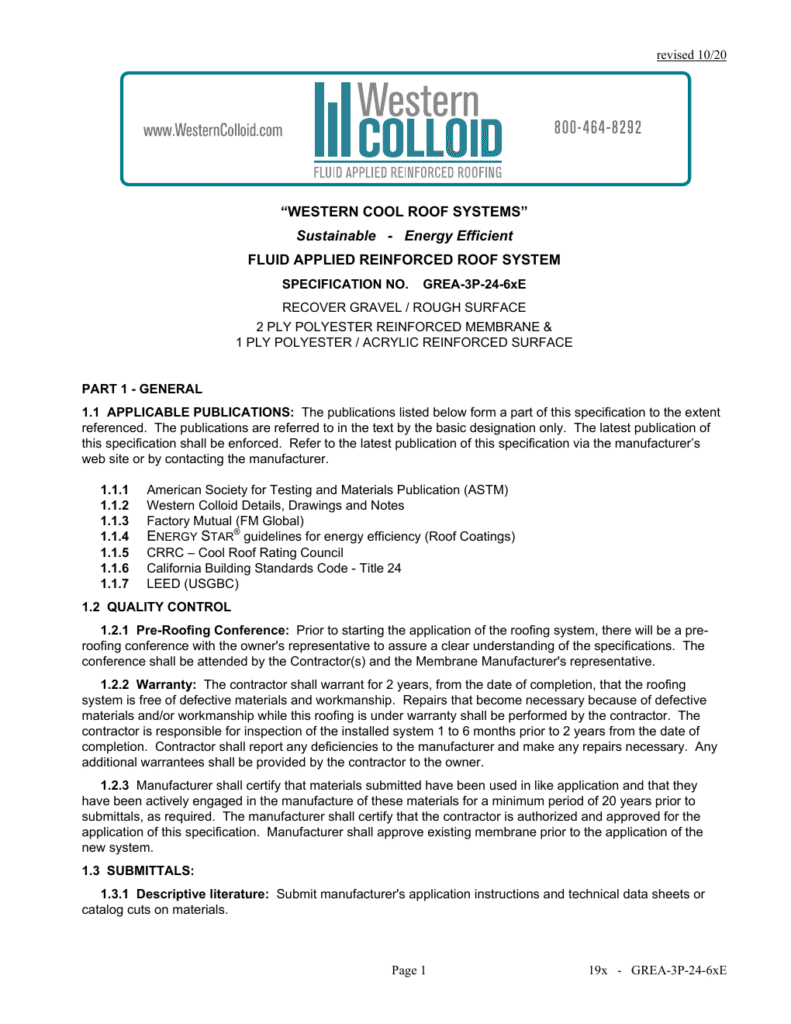First page of Western Colloid GREA-3P-24-6xE system specification