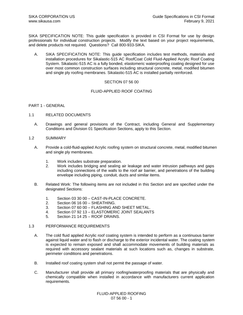 First page of 07 56 00 Fluid-Applied Roofing Recover Sikalastic-515 Specification