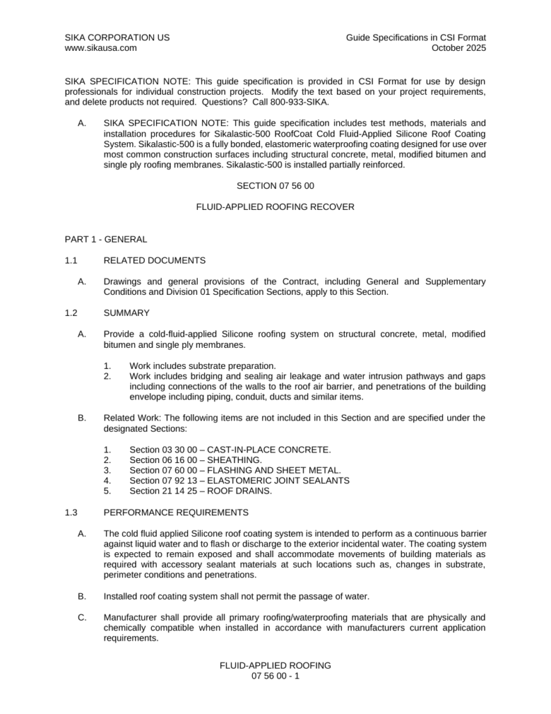 First page of 07 56 00 Fluid-Applied Roofing Recover Sikalastic-500 Specification
