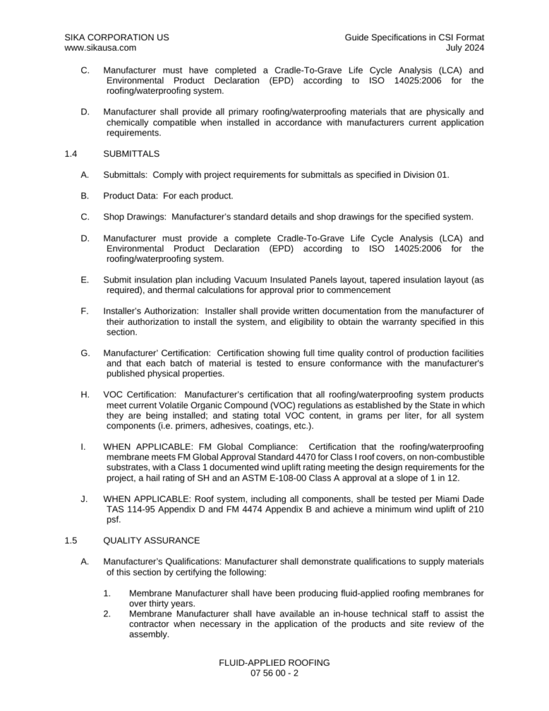 First page of Sikalastic-641 Lo VOC Fluid-Applied Roofing & Recover Specification