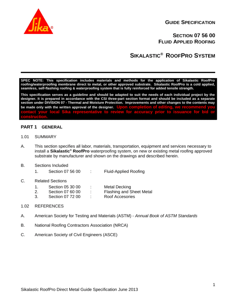 First page of Sikalastic-621 Metal Roof Recover Specification