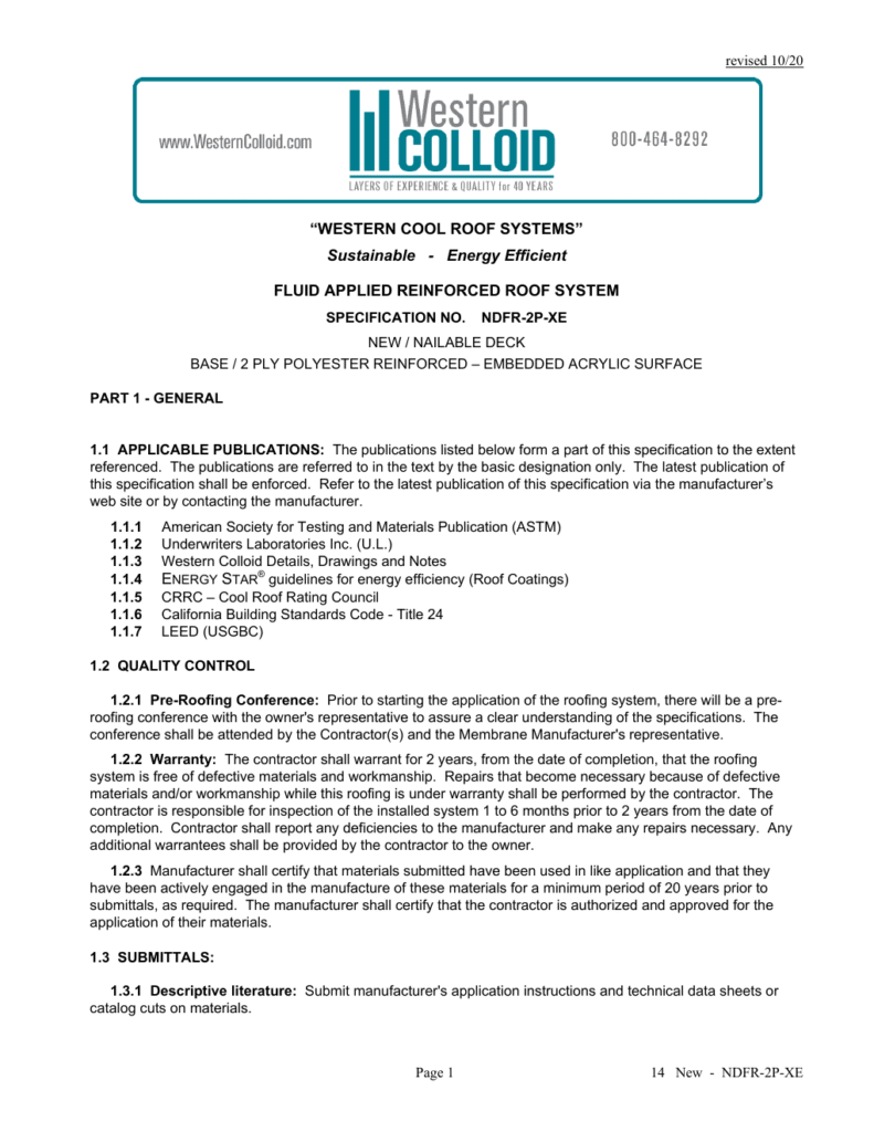 First page of Western Colloid NDFR-2P-XE system specification