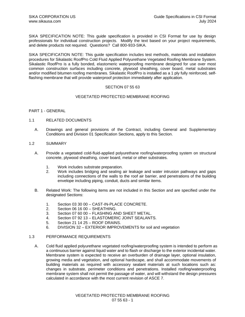 First page of Sikalastic-621 Vegetated Protected Membrane Roofing Specification