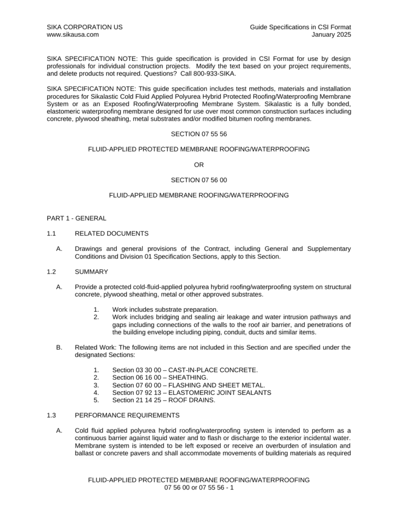 First page of Sikalastic 702 - 701 SF Fluid-Applied Protected or Exposed Membrane Roofing-Waterproofing Specification