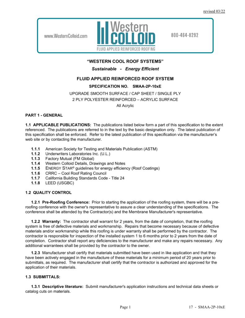 First page of Western Colloid SMAA-2P-10xE system specification