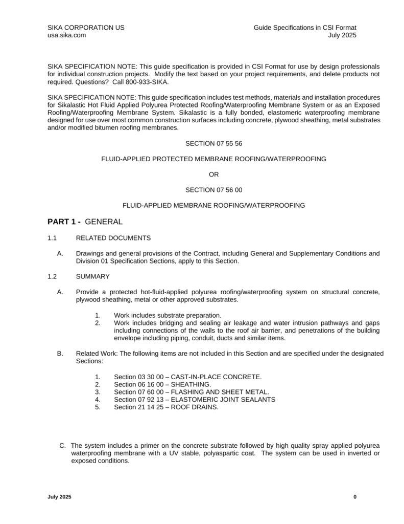 First page of Sikalastic-835 I - 701 SF Fluid-Applied Protected or Exposed Membrane Roofing-Waterproofing Specification