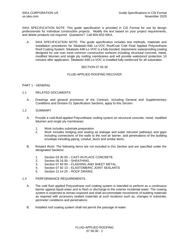First page of 07 56 00 Fluid-Applied Roofing Recover Sikalastic-646 Specification