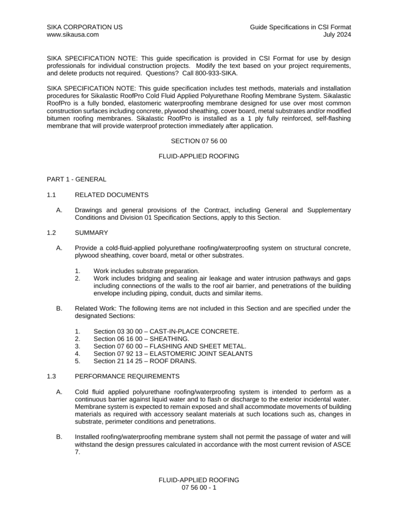 First page of Sikalastic-621 Fluid-Applied Roofing Specification