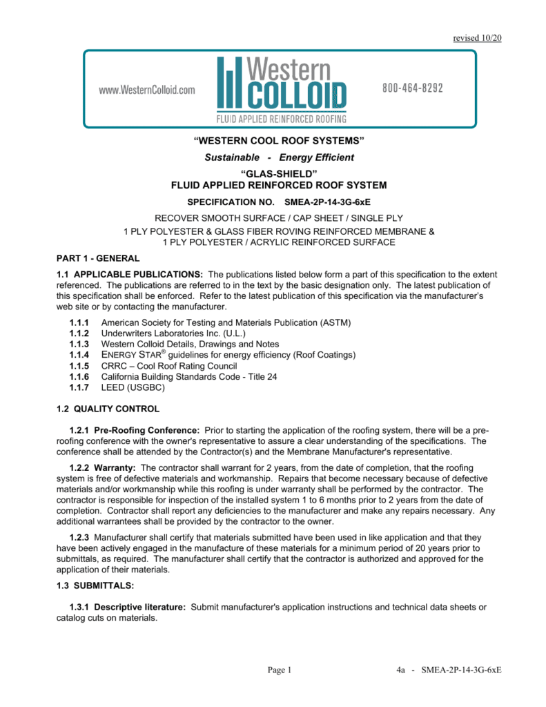 First page of Western Colloid SMEA-2P-14-3G-6xE system specification