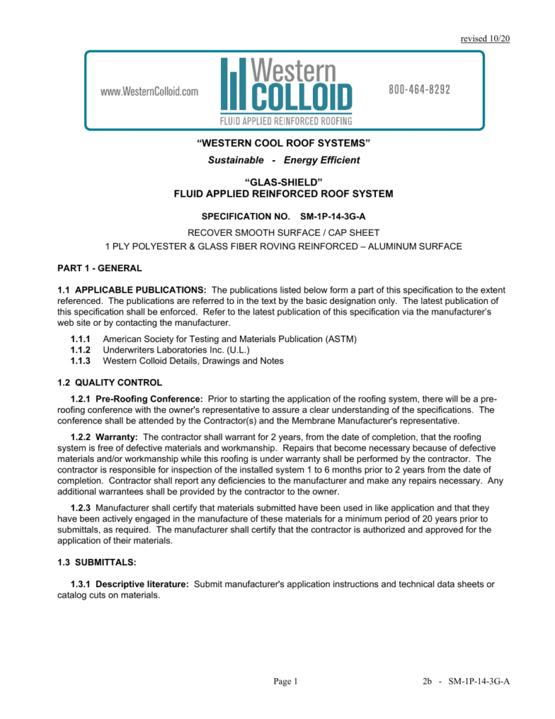 First page of Western Colloid SM-1P-14-3G-A system specification