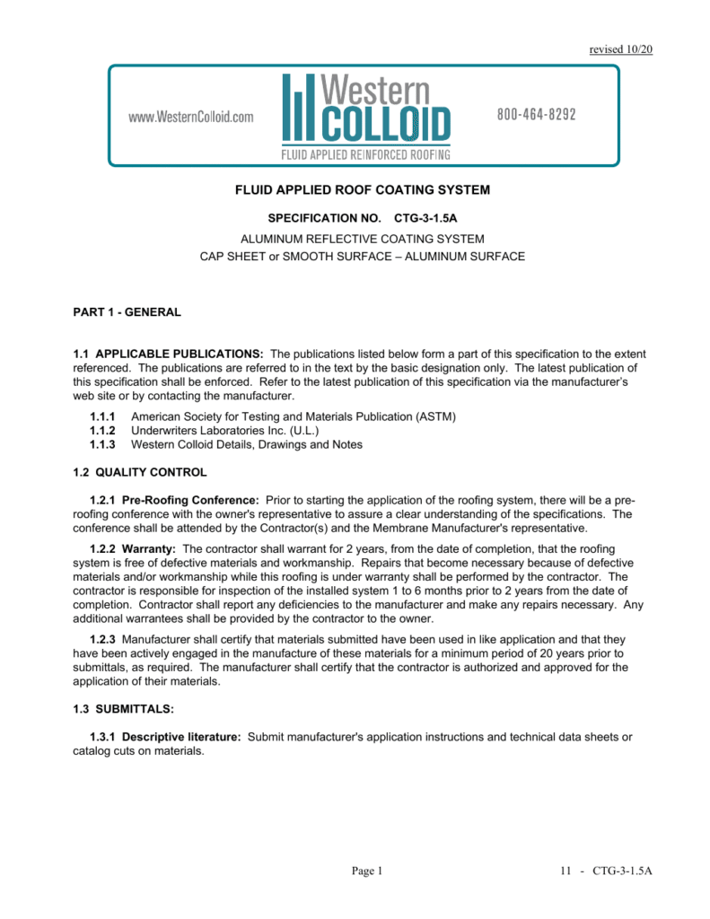 First page of Western Colloid CTG-3-1.5A system specification