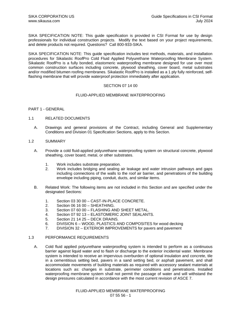 First page of Sikalastic-624 WP Fluid-Applied Membrane Waterproofing Specification
