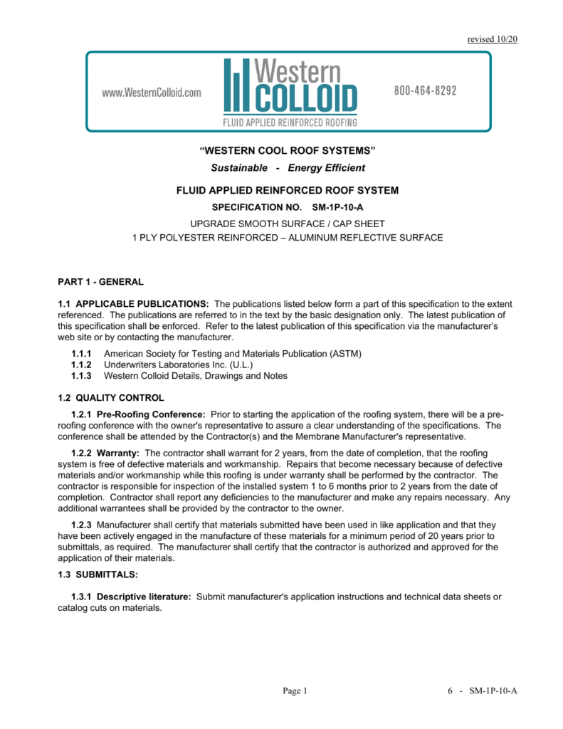 First page of Western Colloid SM-1P-10-A system specification