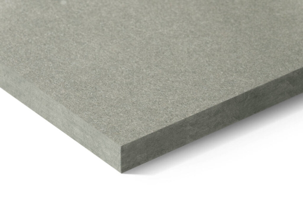 Representative raw gray Swisspearl fiber cement board showing its face and edge