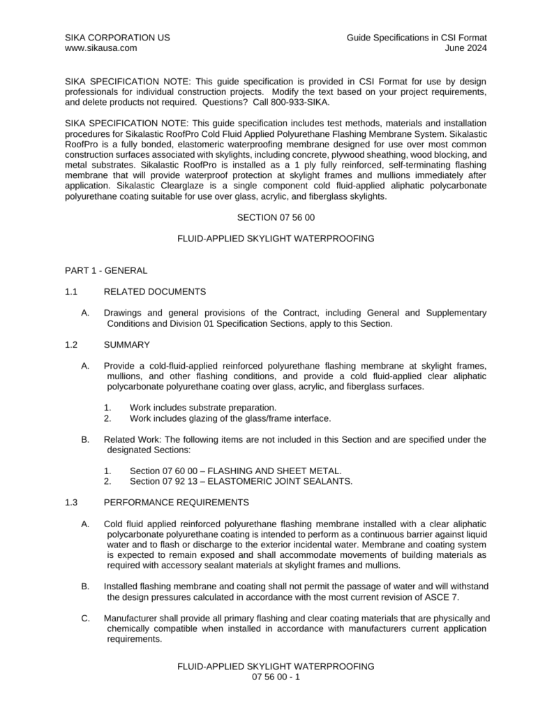 First page of Sikalastic 621 TC Fluid Applied Skylight Waterproofing Specification