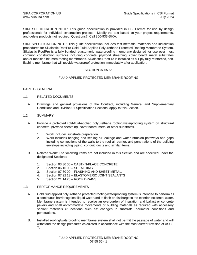 First page of Sikalastic-624 WP Fluid-Applied Protected Membrane Roofing Specification