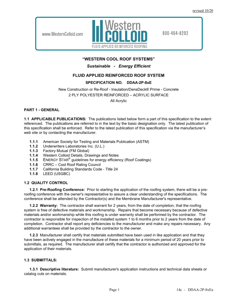 First page of Western Colloid DDAA-2P-8xE system specification