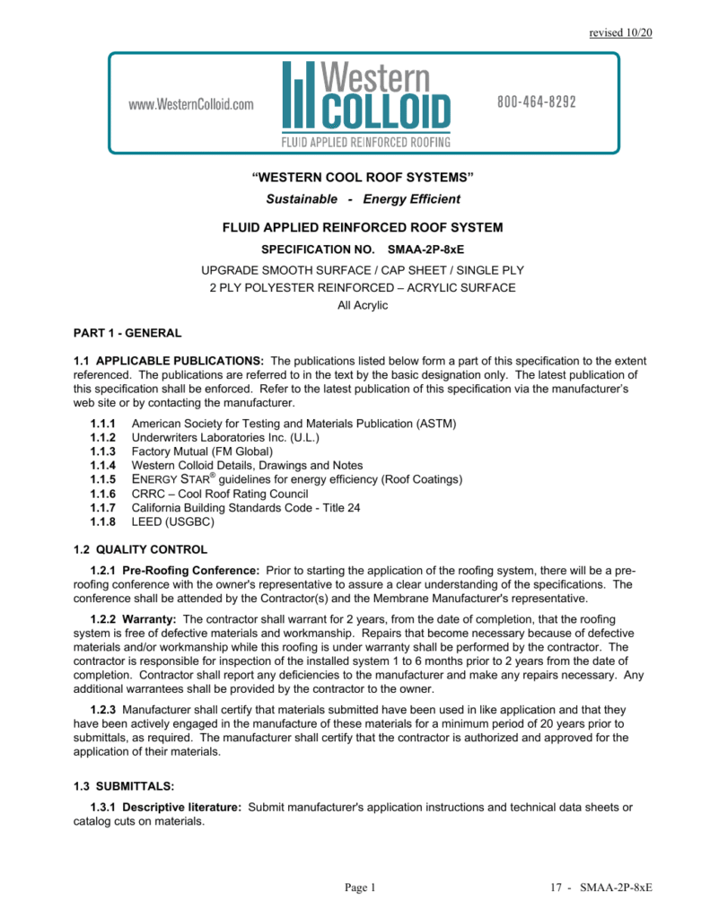 First page of Western Colloid SMAA-2P-8xE system specification