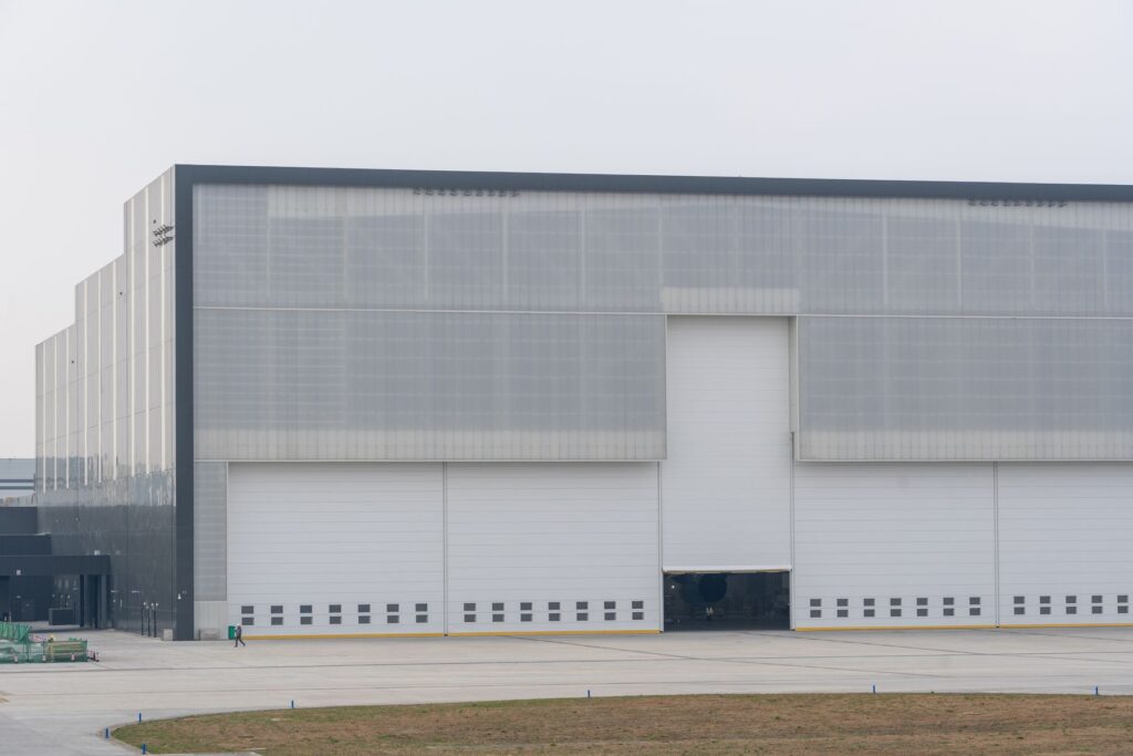 Modern industrial building with a finished metal panel exterior