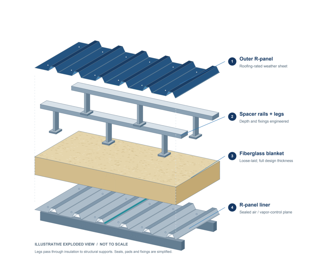 Exploded concept illustration of outer R-panel, spacer rails and legs, fiberglass blanket and sealed R-panel liner.