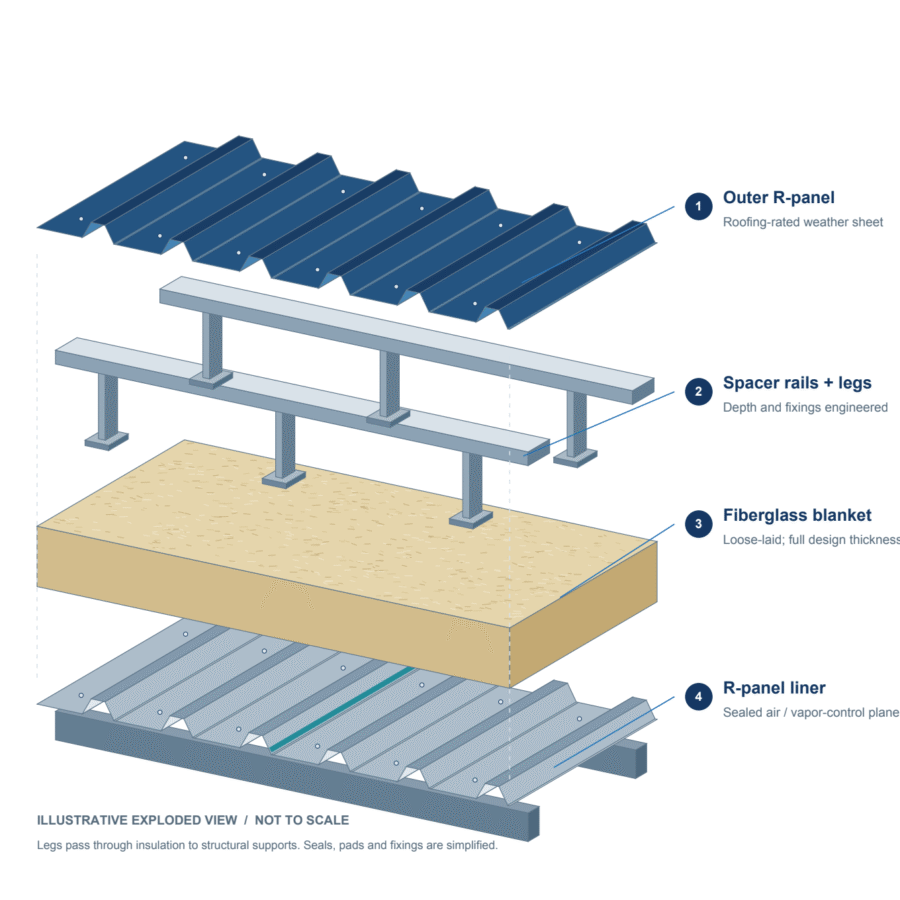 Exploded concept illustration of outer R-panel, spacer rails and legs, fiberglass blanket and sealed R-panel liner.