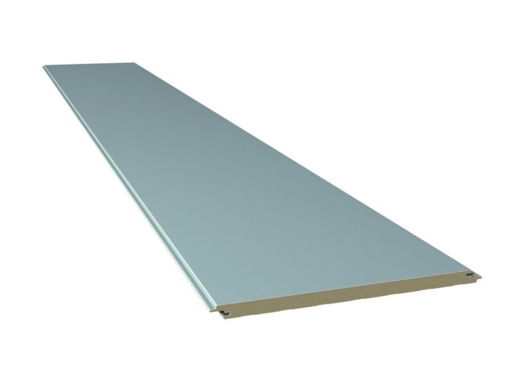 Long flat insulated metal wall panel with a pale blue-gray face and visible foam core edge