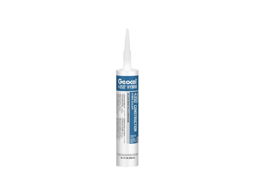White and blue Geocel 4350 Hybrid sealant cartridge with a tapered nozzle on a white background