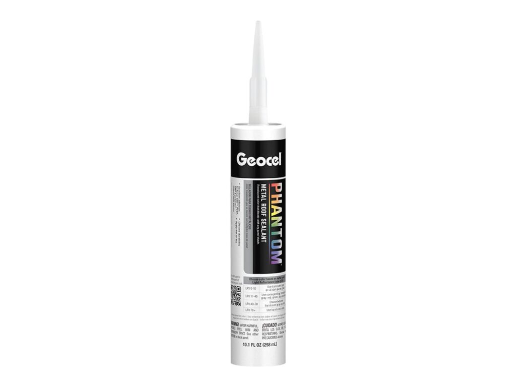 White Geocel Phantom Metal Roof Sealant cartridge with black label and nozzle, shown on a plain background