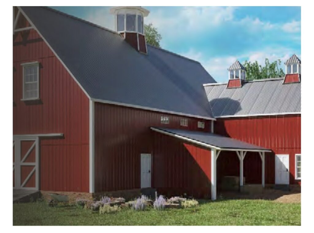Red barn with a corrugated metal roof and corrugated siding