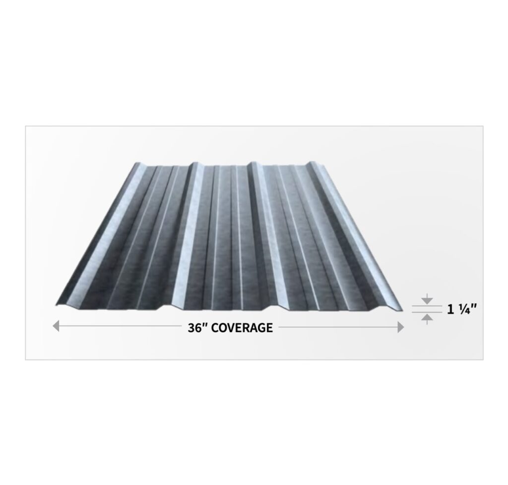 Ribbed PBR and R metal roofing panel showing 36 inch coverage and 1 1/4 inch rib height